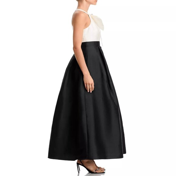 258$ Eliza J Bow-Trim Halter Pleated Taffeta Gown Maxi Dress Size 14 Black Ivory - Picture 3 of 3